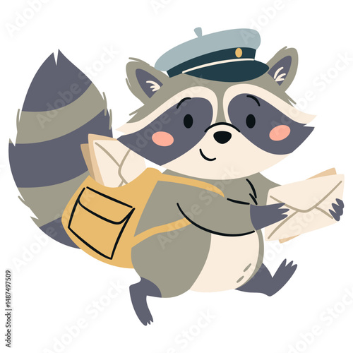 Cute mailman raccoon carrying letters. Flat vector illustration in simple children's style on white background . Vector illustration