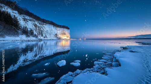 Aurora reflecting off a frozen bay encircled by snow-draped cliffs glowing in moonlight, Generative AI
