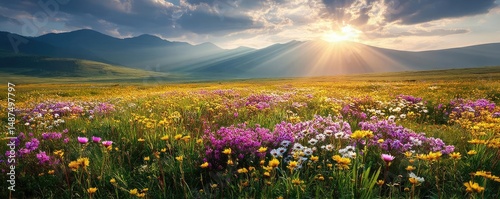 Blooming flowers in meadow with dreamy landscapes and gardens concept. Stunning sunset over a vibrant flower field with majestic mountains.