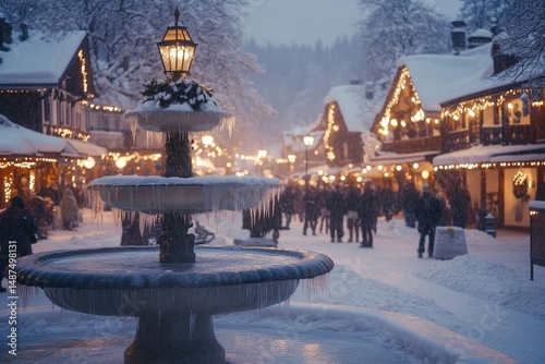 Lantern-lit frozen fountain glimmering in the center of a bustling snowy village square, Generative AI
