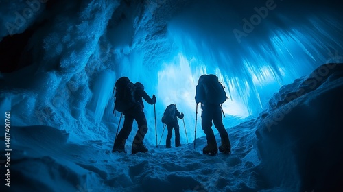 Hikers admiring the frozen beauty of a glacier illuminated by the pale blue light of the aurora, Generative AI