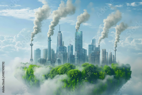 Cityscape rising above lush green forest, with skyscrapers emitting heavy smoke. A surreal and dramatic image symbolizing urban pollution, environmental conflict, and ecological imbalance.