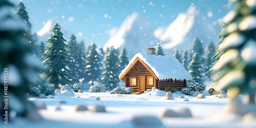 Fototapeta Naklejka Na Ścianę i Meble -  Snowy winter scene with a cozy cabin.