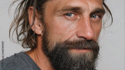 Thoughtful Man with Beard in Casual Tee Contemplating Life