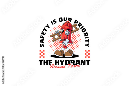 hydrant pillar extinguisher system retro cartoon character mascot illustration with side view, walking pose and holding ladder for firefighter, fireman, rescuer, survivor team mascots and merchandise