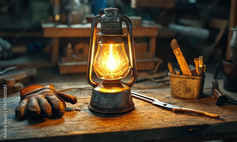 Vintage kerosene lamp on wooden workbench