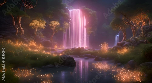 Magical Waterfall in Enchanted Forest at Night