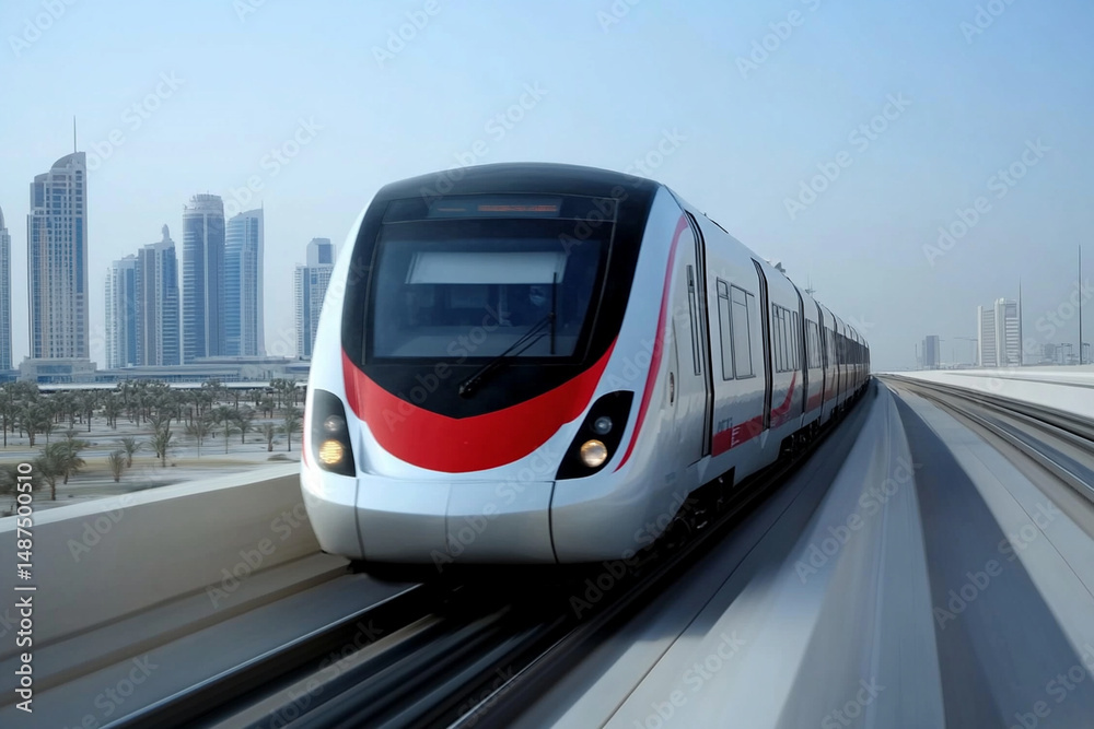 Naklejka premium High-speed train races through urban landscape, showcasing modern transportation technology