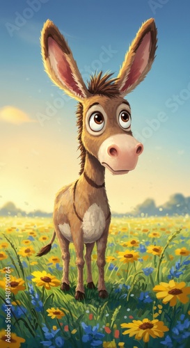 A whimsical donkey in a field of wildflowers, bathed in the golden light of dawn. This heartwarming image captures a moment of innocent joy and tranquility.