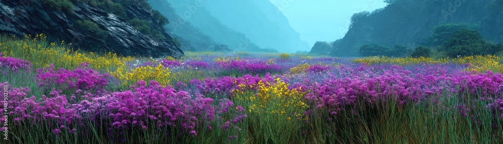 Obraz premium Blooming flowers in meadow with dreamy landscapes and gardens concept. Vibrant wildflowers in a serene, lush valley landscape.