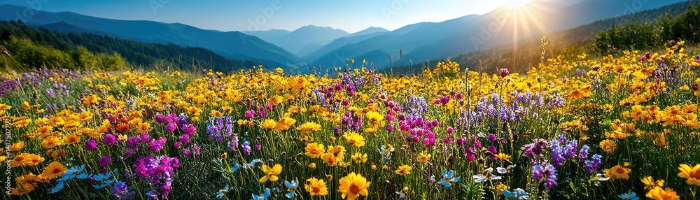 Obraz premium Blooming flowers in meadow with glowing landscapes and nature concept. Vibrant wildflowers bloom under a bright morning sun in nature.