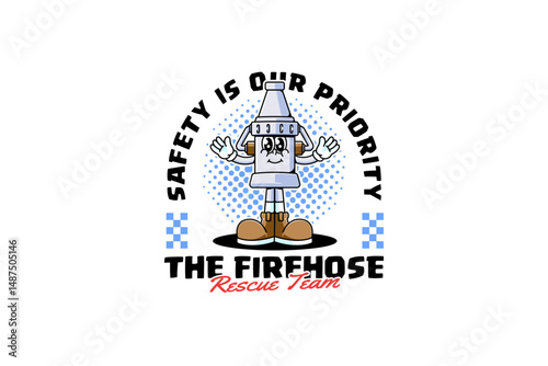 fire hose nozzle, firefighter hose, spray watering gun retro cartoon character mascot illustration with standing and showing waving hand for fireman, rescuer, survivor team mascots and merchandise