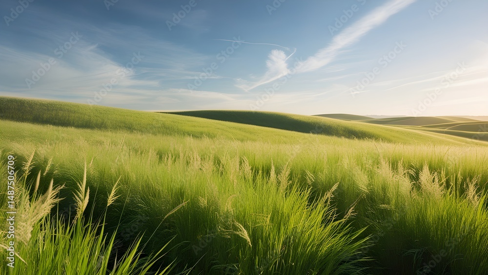 Fototapeta premium Sunlight bathes the beautiful green field of wheat under a vast blue sky with scattered clouds, a quintessential summer countryside landscape
