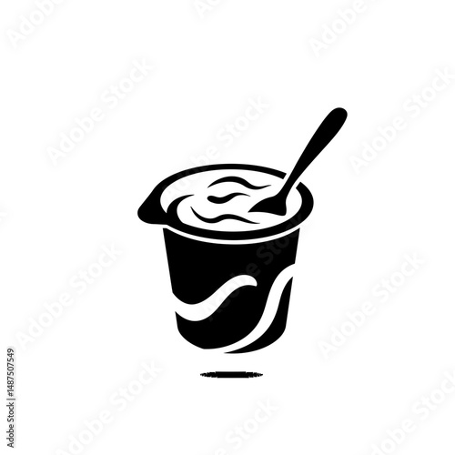 Yogurt cup illustration: A minimalist illustration showcases a sleek black yogurt cup, with a creamy texture visible, accompanied by a spoon for a delightful and fresh snack.