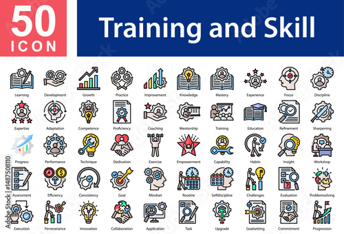 Training and Skill  Icon Collection and Symple Concept Flat Color
