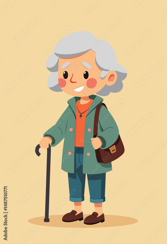 Fototapeta premium Friendly illustration of elderly character walking with cane, drawn in soft flat colors and a calm pastel setting