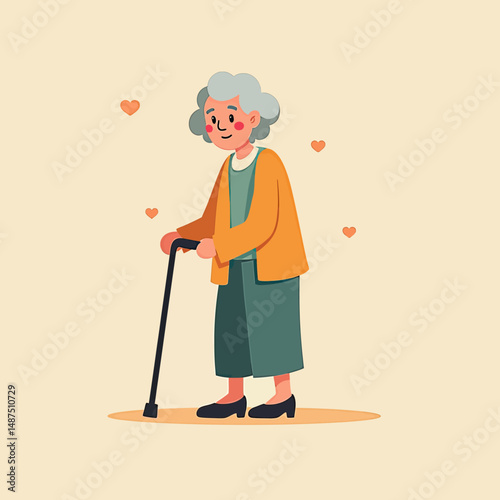 Pastel-colored illustration of elderly person walking with a cane, clear and approachable visual for health and aging support
