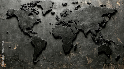 Textured World Map in Black on Vintage Distressed Background