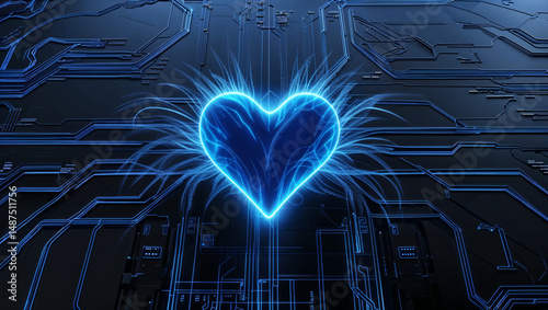 A vibrant blue, glowing digital heart, set against a complex circuit board background.