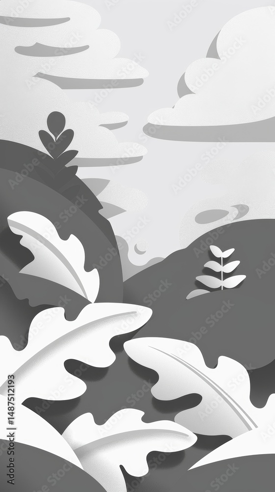 Fototapeta premium Monochrome abstract landscape with plants and clouds