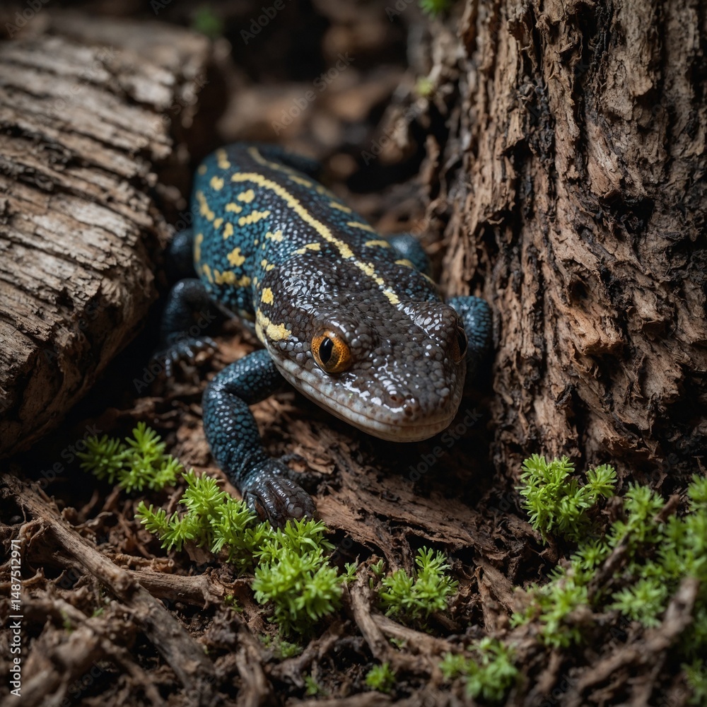 Naklejka premium A salamander curled under bark, pure background