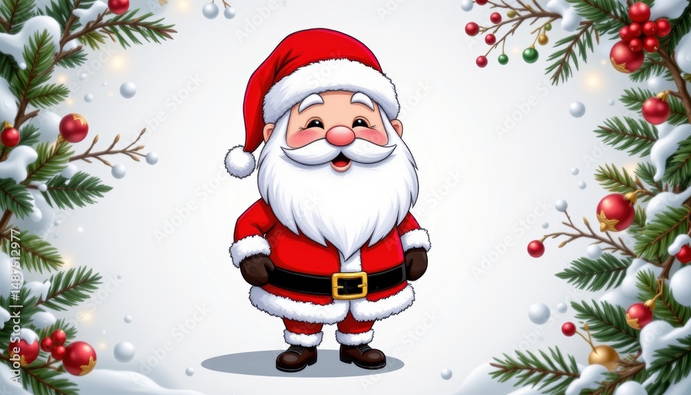Fototapeta premium Cheerful Cartoon Santa Claus in Red Costume with Smiling Face Surrounded by Holiday Decorations