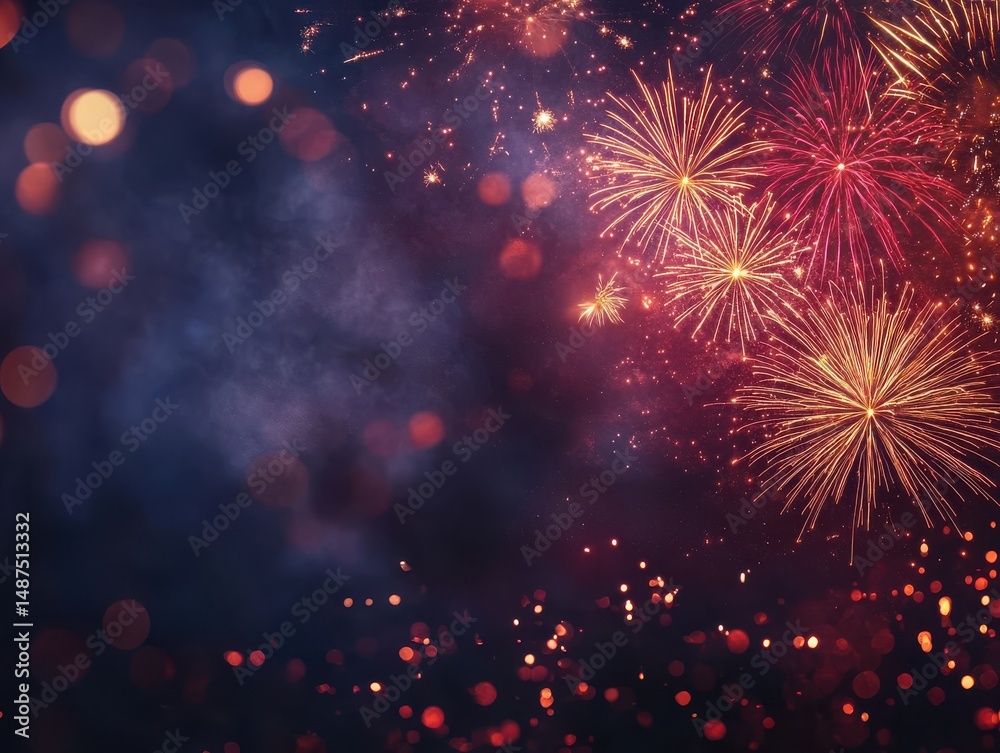 Obraz premium Night Sky Fireworks Display with Red and Gold Sparks