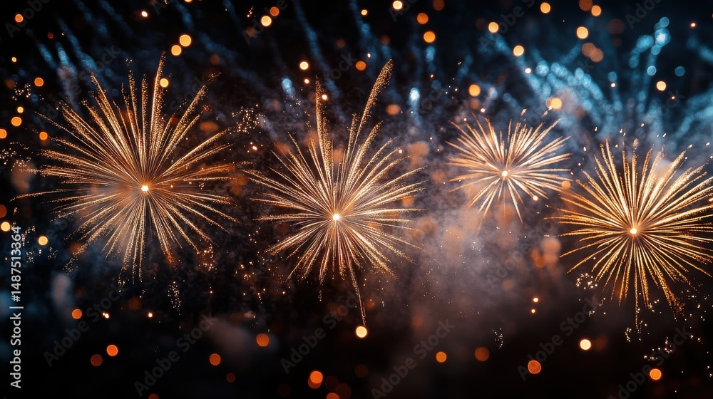 Fototapeta premium Night Sky Fireworks Display with Gold Orange and Blue Sparks