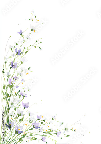 Vertical watercolor floral border with delicate spring flowers in pastel lavender white and pale green gracefully curving for 5x7 inch wedding invitation design
