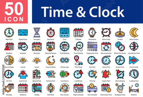 Time & Clock Scheduling  Icon Collection and Symple Concept Flat Color
