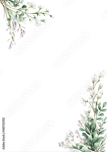 Vertical watercolor floral border with delicate spring flowers in pastel lavender white and pale green gracefully curving for 5x7 inch wedding invitation design
