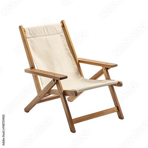 Sport Inspired Fold Away Wooden Beach Chair with a White Seat Isolated on Transparent Background