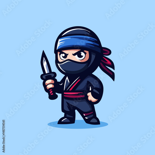 Ninja Mascot Design for Esport Badge Logo, Anime Avatar Illustration, Shuriken Sword Combat Character, Warrior Assassin Emblem, Gaming Team Symbol, Japan Costume Hero, Cute Digital Art Graphic