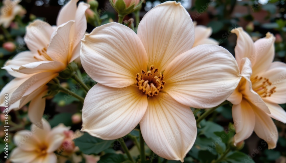 Fototapeta premium Delicate Peach Flower Blooming in a Lush Garden Surrounded by Green Foliage and Budding Blooms