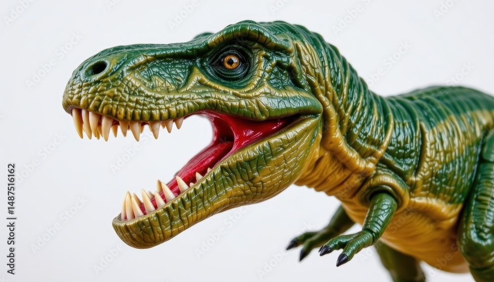 Obraz premium Detailed Close-Up of a Plastic Tyrannosaurus Dinosaur Toy with Vivid Colors and Realistic Features