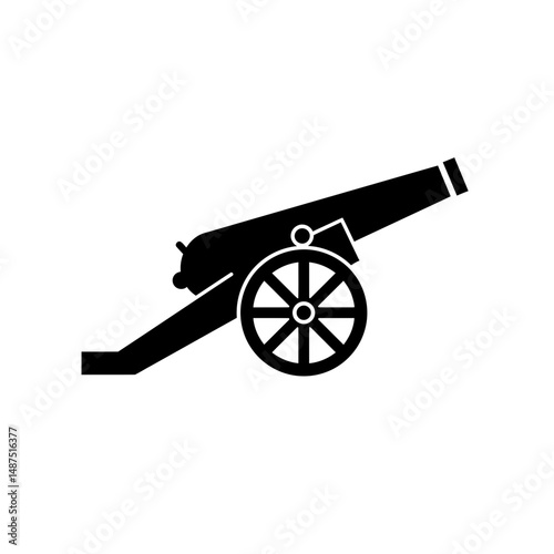Cannon Icon: A strong and powerful cannon icon, perfect for military history, war games, or pirate-themed projects. The cannon is presented in a bold, black silhouette, offering a striking visual.
