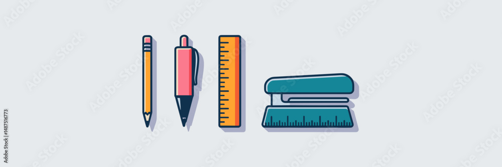 Vector icon sheet of business essentials – Featuring pencil, pen, highlighter, ruler, and stapler in a row Vector icon sheet of business essentials – Featuring pencil, pen, highlighter, ruler, and stapler in a row