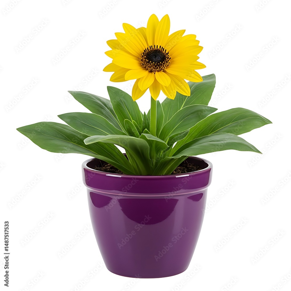 Obraz premium Yellow sunflower in purple pot isolated on white background