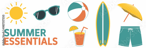 Summer essentials vector with pina colada, sunglasses, and surfboard – Great for drink menus, beach-themed content, or summer lifestyle branding.