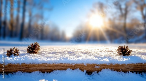 Pine Cones on Snowy Log in Winter Scene