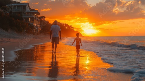 Beach walk at sunset with a man and child silhouetted by warm, golden light on a sandy shore