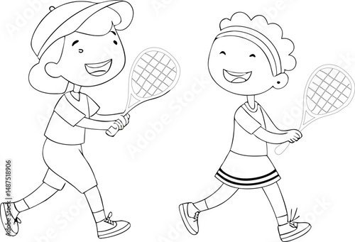 Two young kids playing tennis, laughing and enjoying the game. They wear sportswear and use lightweight rackets. coloring pages.