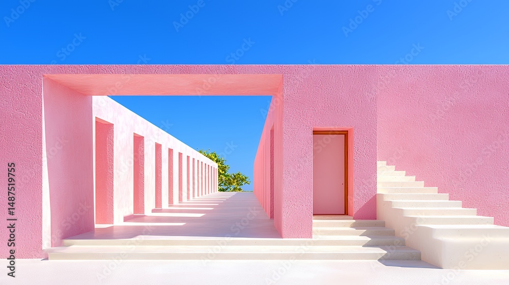 Fototapeta premium Pink Building Architectural Design and Blue Sky