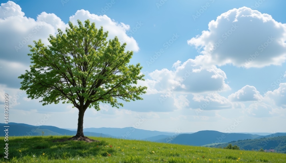 Obraz premium Lone Green Tree on Rolling Hills Under Bright Blue Sky with Fluffy White Clouds