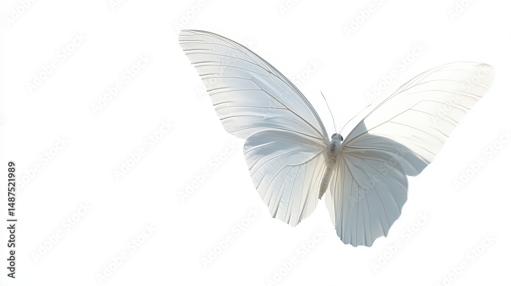 Fototapeta premium Translucent White Butterfly in Flight, Elegant Insect on a White Background