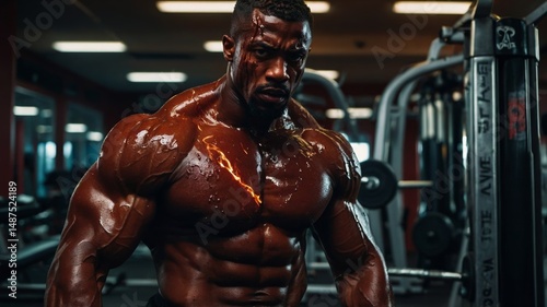 Powerful muscular man working out in gym with intense focus and determination