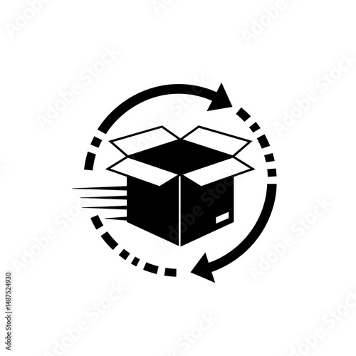 Delivery in Motion: A dynamic icon of an open box with arrows signifying delivery in transit. This striking, minimalist graphic depicts the swift and seamless movement of packages.
