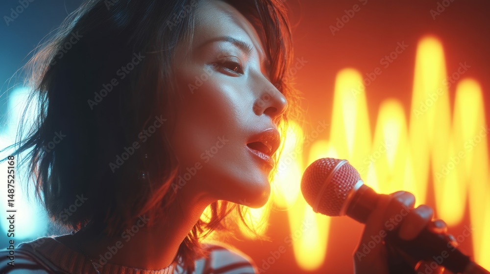 Fototapeta premium A beautiful singer performing with passion, highlighted by stage lighting and holding a microphone. Capturing a moment of musical expression.