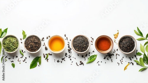 Variety of tea leaves and brewed tea in cups on a white background