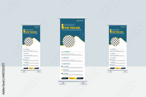 Travel business standee rollup design modern business trip signage pullup tour packages retractable x banner template